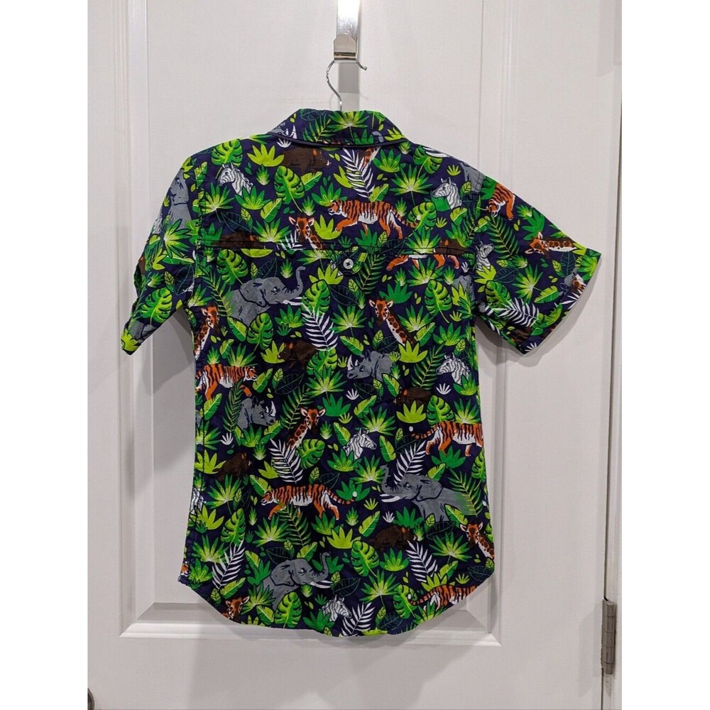 Hatley Kids Green Blue Jungle Hawaiian Shirt Short Sleeves Cotton Boys Size 8 - Picture 3 of 5